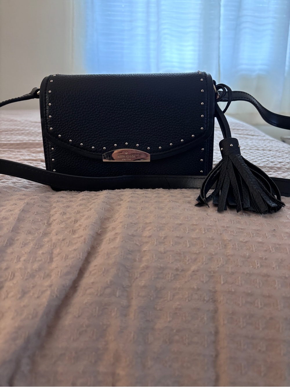 kate spade Black Pebbled Leather Studded Crossbody with Tassel